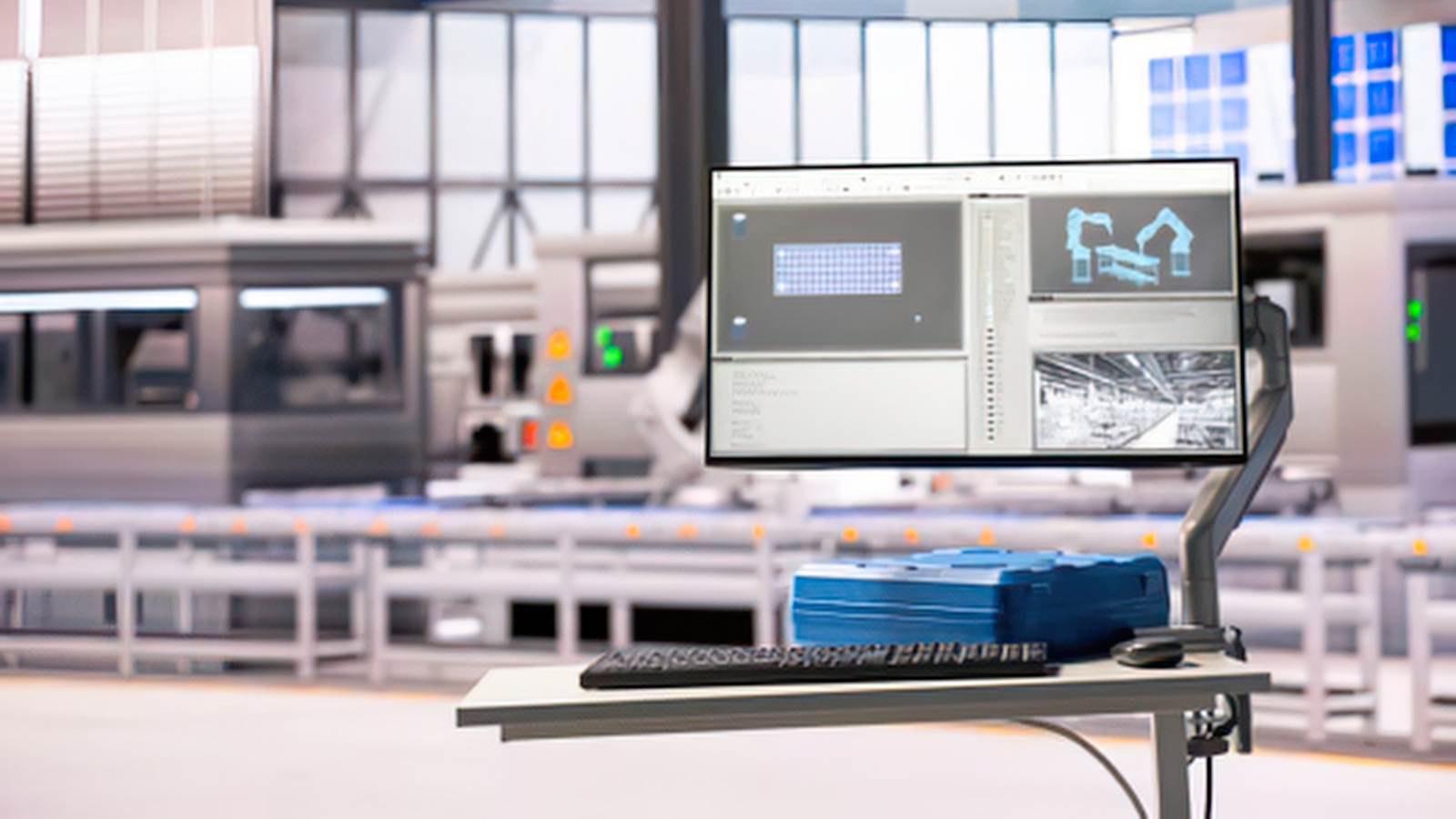 Pantalla de sistema de monitoreo MES junto a línea de producción con brazos robóticos
